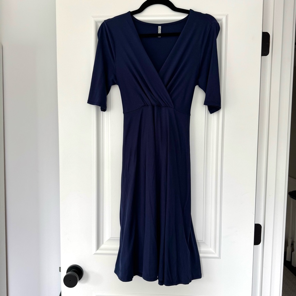 Mother Bee Maternity Knee Length Navy Blue Wrap Dress, Size Medium
